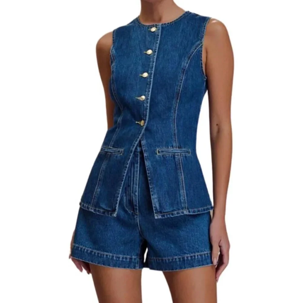 Women's Denim 2 Piece Set Sleeveless Button High Waist Shorts Casual Outfit